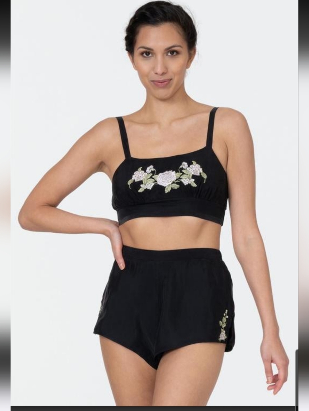 Rya Collection Black Magnolia Embroidered Floral Bralette & Shorts Set Size L